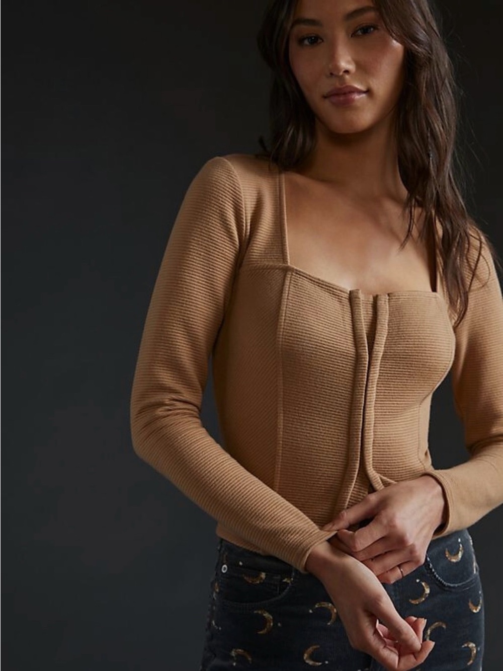 BB Dakota Camel Square Neck Long Sleeve Top